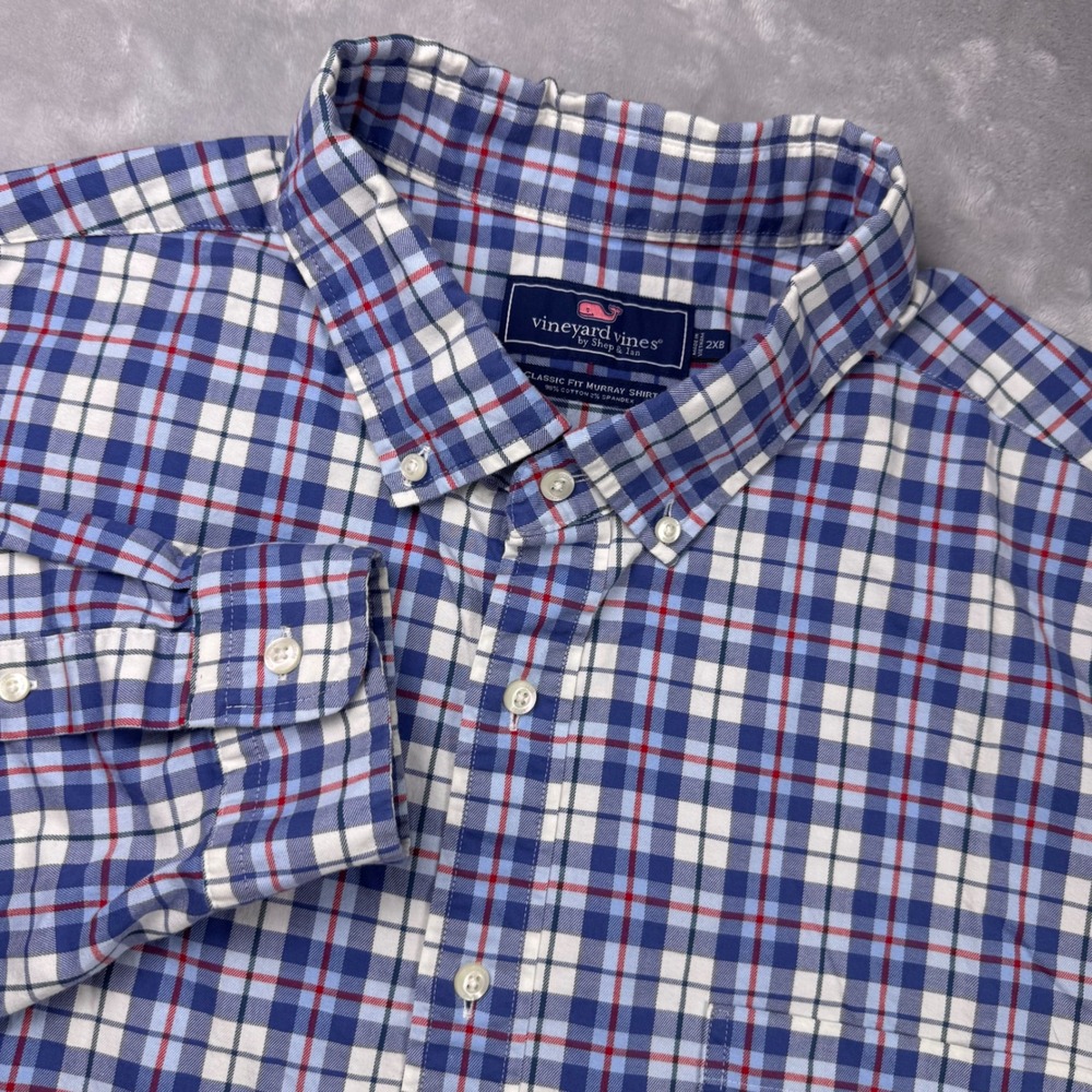 Vineyard Vines Mens 2XB Blue Plaid Murray Shirt Classic Fit Long Sleeve Cotton